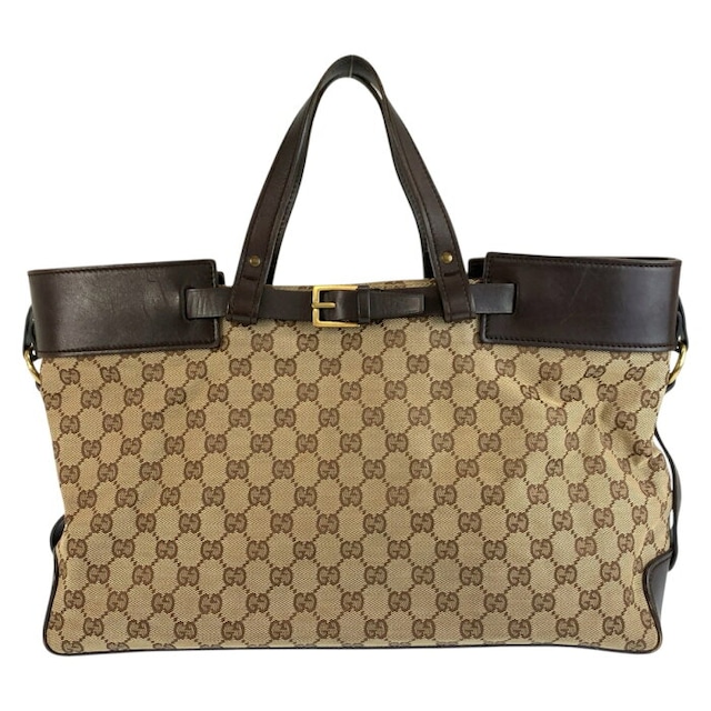 グッチ GGキャンバス トートバッグ ハンドバッグ 106251 ブラウン ベージュ キャンバス レザー レディース GUCCI 中古