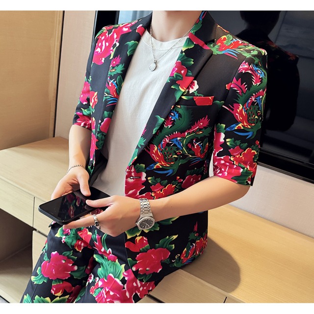 夏　薄手　七分丈　半袖スーツ ハンサム　ホスト　理容師　スーツ　メンズスーツ 中袖 小さいスーツ　A2486