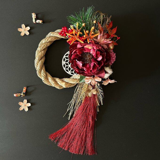 2026年★特大・ピオニーとタッセルのしめ縄飾り(大サイズ) お正月飾り モダンしめ縄 しめ縄飾り