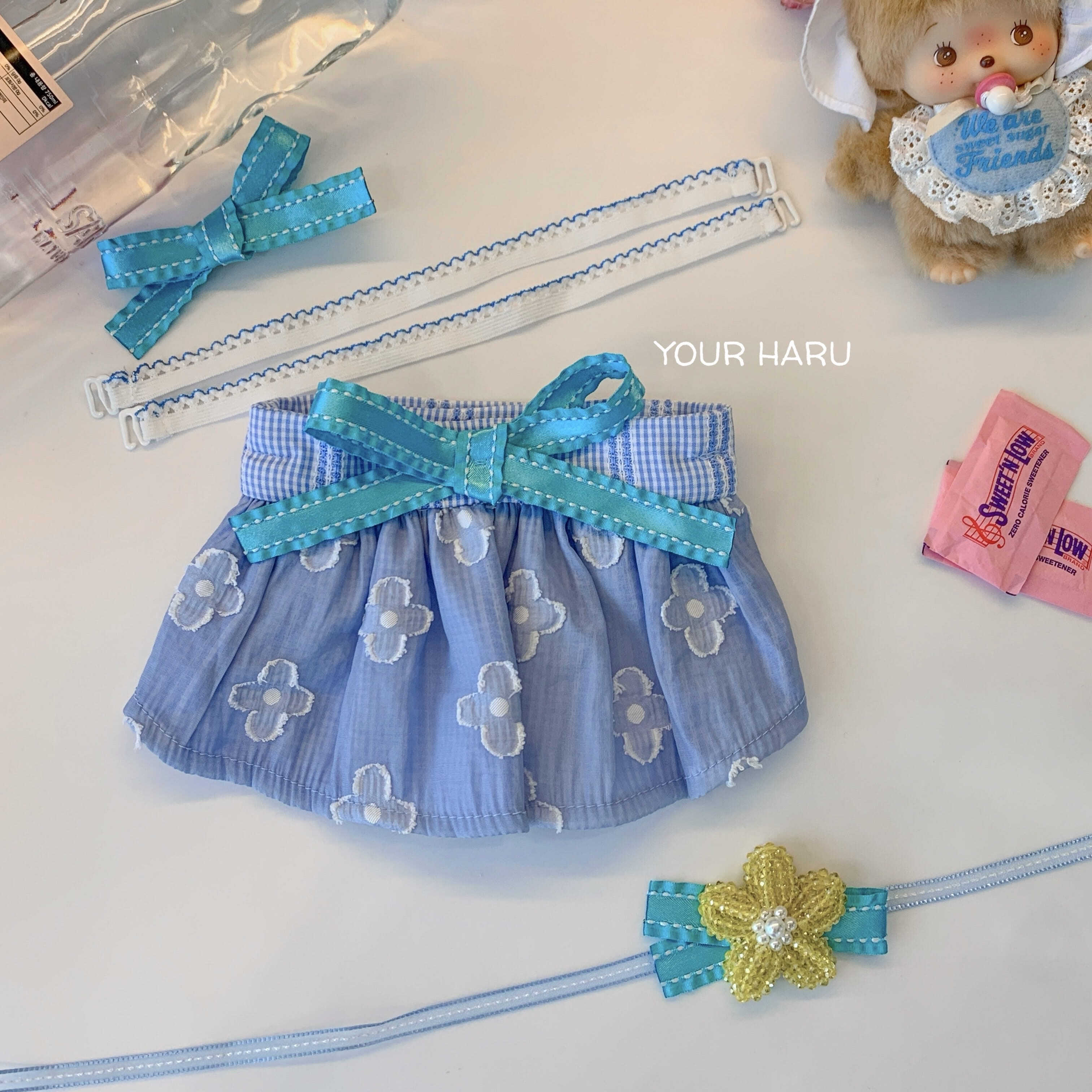 予約【yourharu】Flower Ribbon Mini Skirt blue