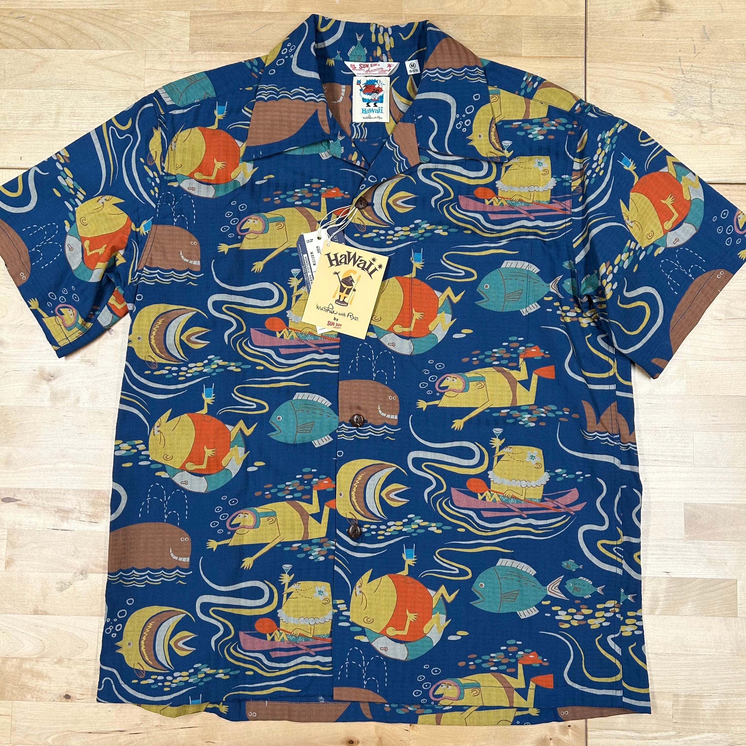patagonia』 半袖シャツ 総柄 木製ボタン 希少 ネイビー 【M