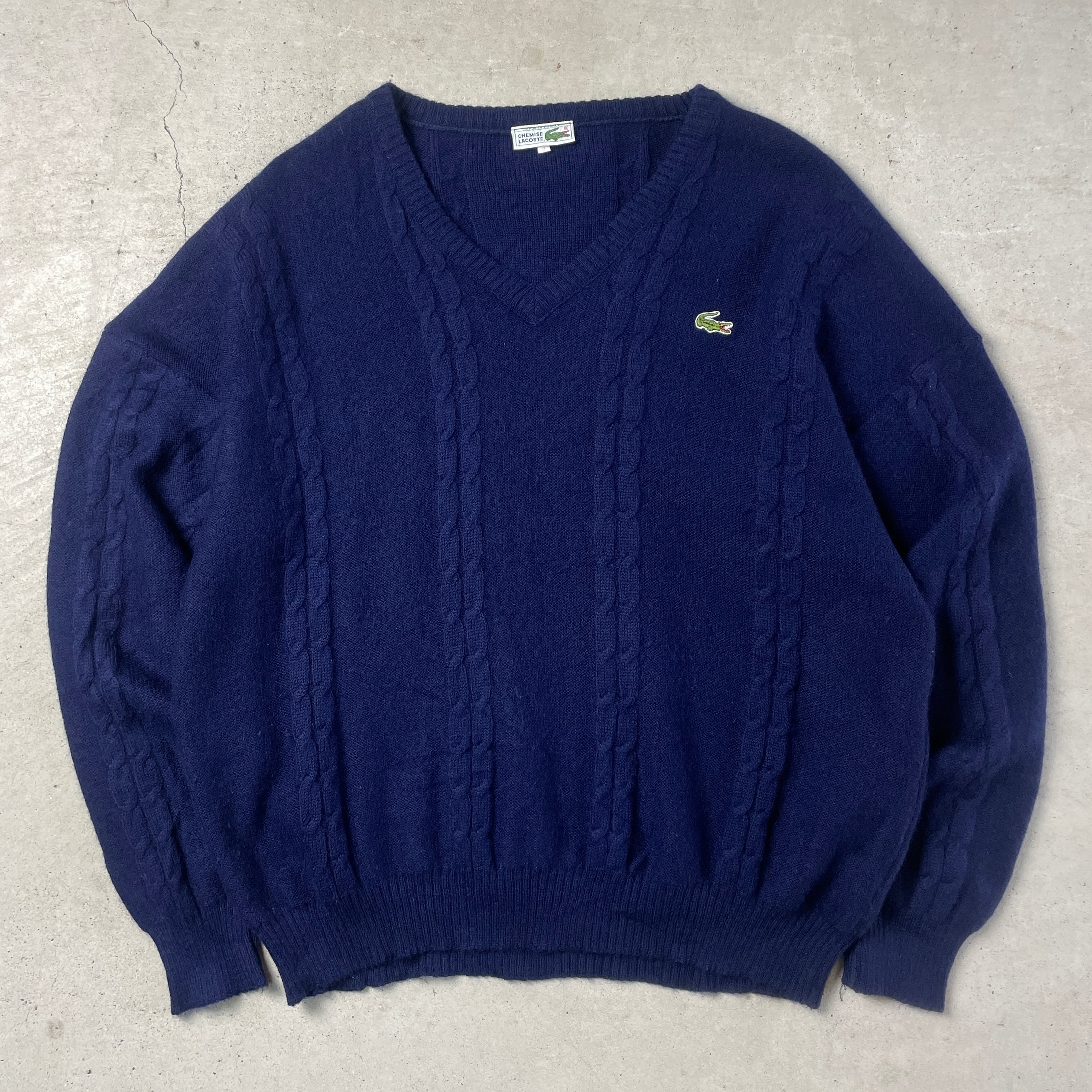 フランス製 70年代 LACOSTE ラコステ ウール×アクリル Vネック ケーブルニットセーター メンズXL相当 古着 70s ビンテージ  ヴィンテージ ネイビー 紺 【ニットセーター】 | cave 古着屋【公式】古着通販サイト