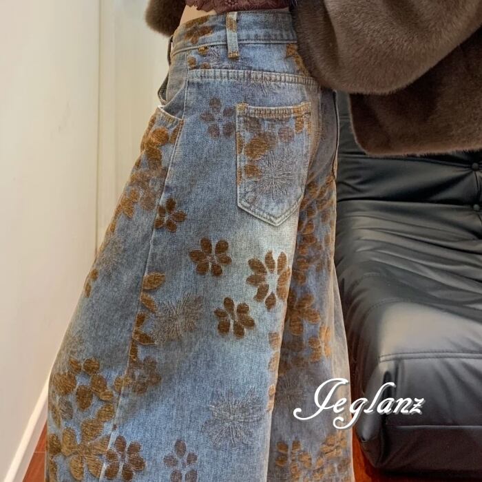 フラワー モチーフ デニム ストリート ワイド カジュアル パンツ(MB918)