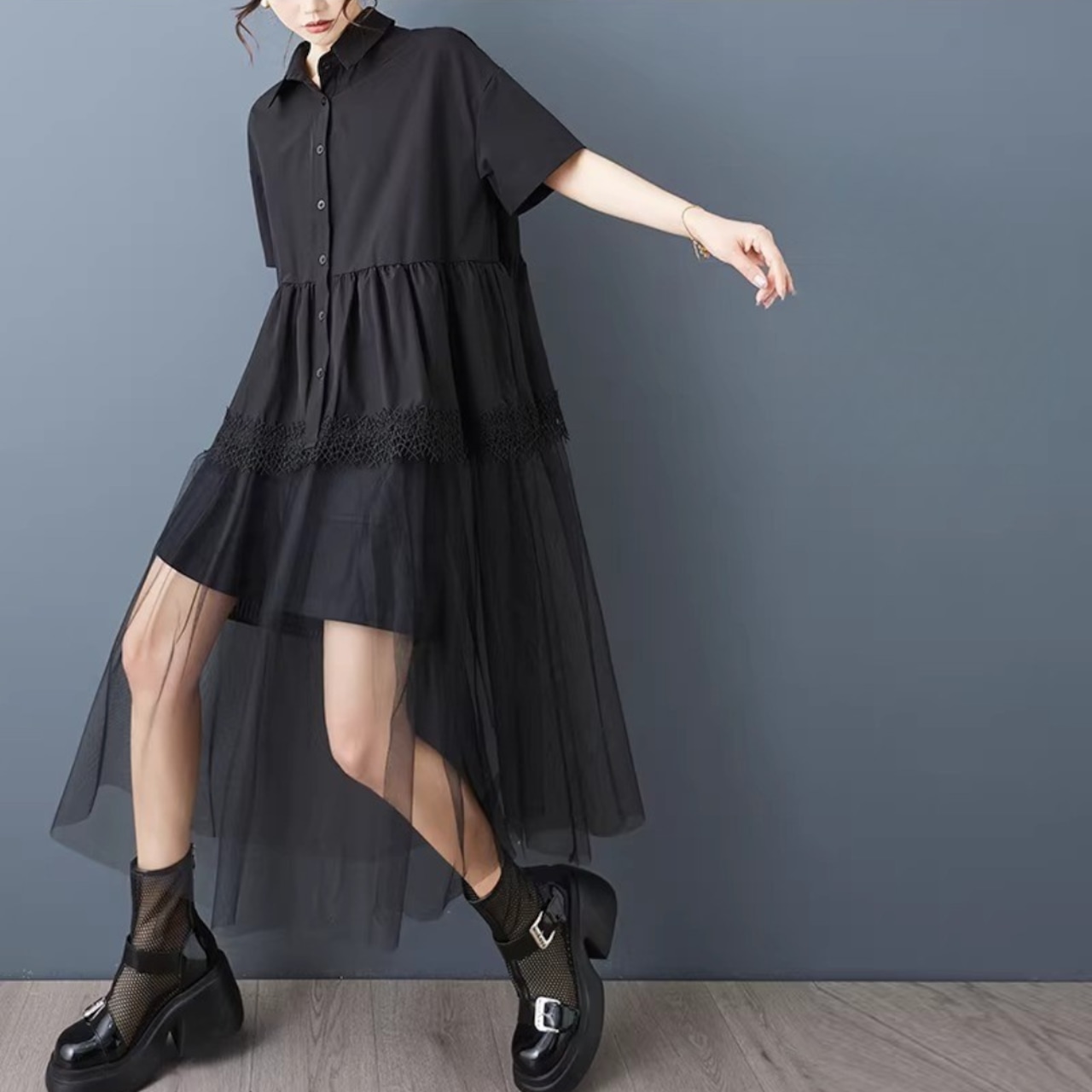 異素材切替 シアー ワンピース 30185