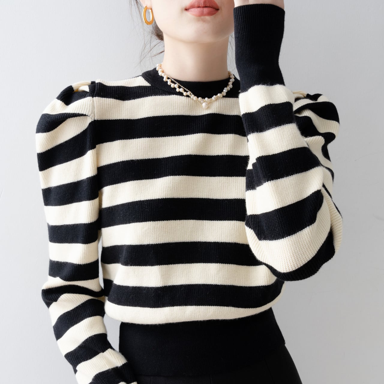 ボーダー柄パフスリーブニット N00051