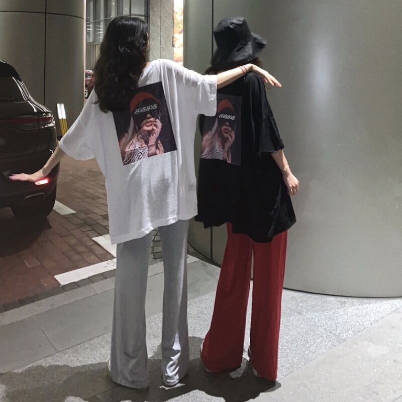 ルーズシンバックビューティープリント半袖Tシャツ+ハイウエストワイドレッグドレープパンツファッションスーツ2020new YY-ファッション22206071613