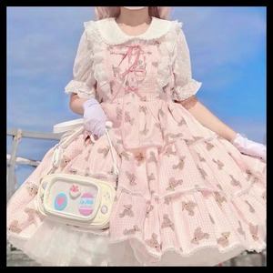【お取り寄せ】テディベア柄 ギンガムチェック ティアード JSK 2色