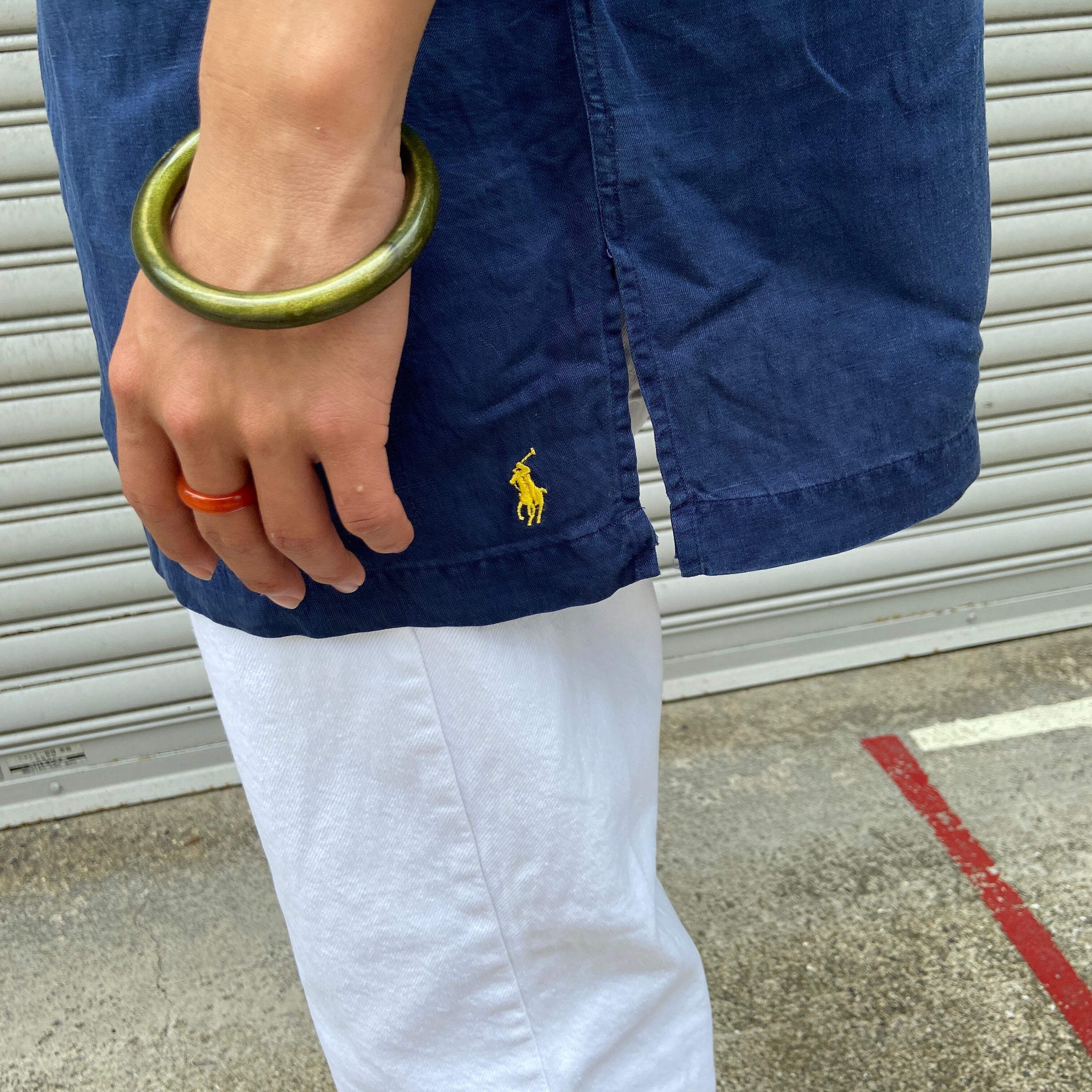 送料無料』Ralph Lauren 90s オープンカラーシャツ ネイビー L リネン