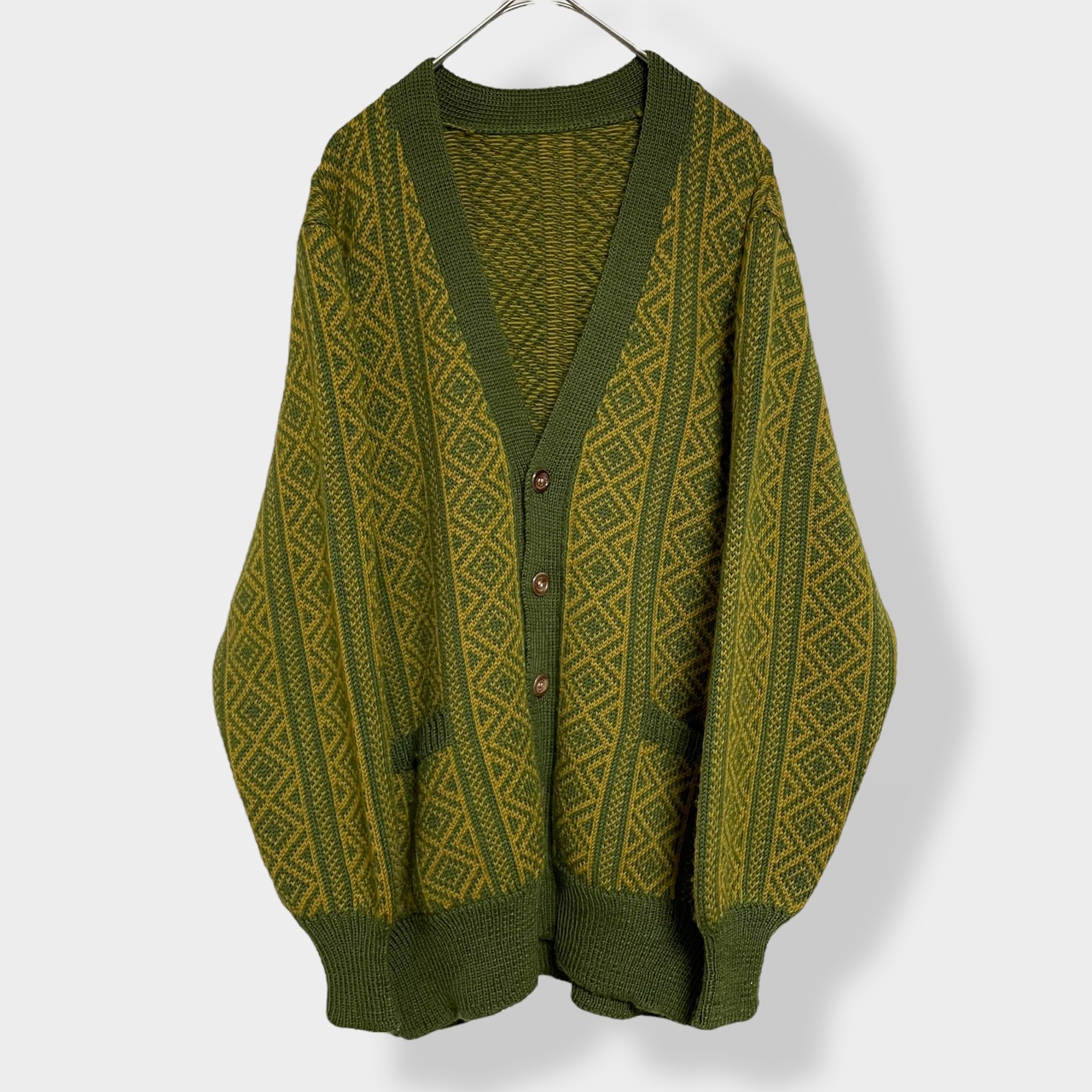 【古着】カーディガン デザインニット 柄物 総柄 柄ニット ユニセックス くすみカラー カーキ 抹茶 マスタード 個性的