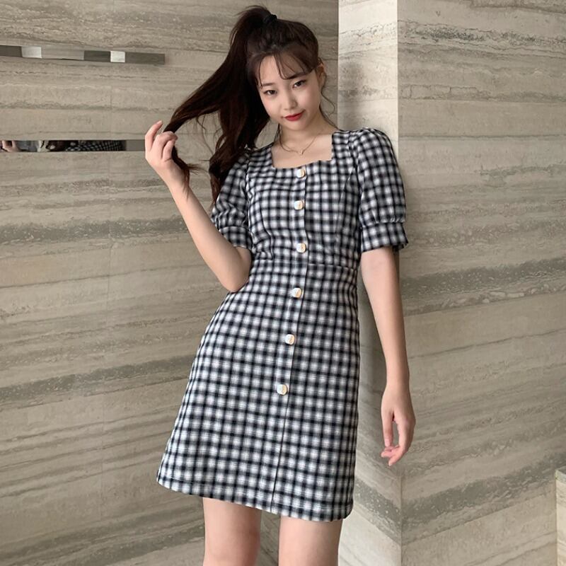 サマースタイルスタンダードリボンウェストAラインドレス レトロ 夏物 スクウェア ハンチェンe26696126386