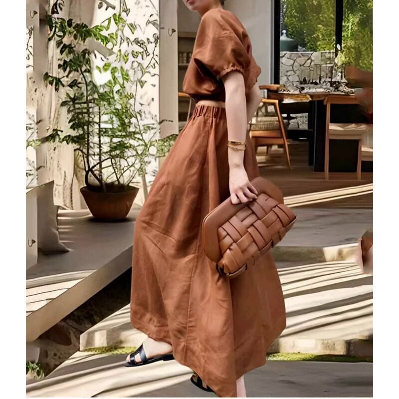 Linen Puff Sleeve Cropped Top with Maxi Skirt Set Up W00075