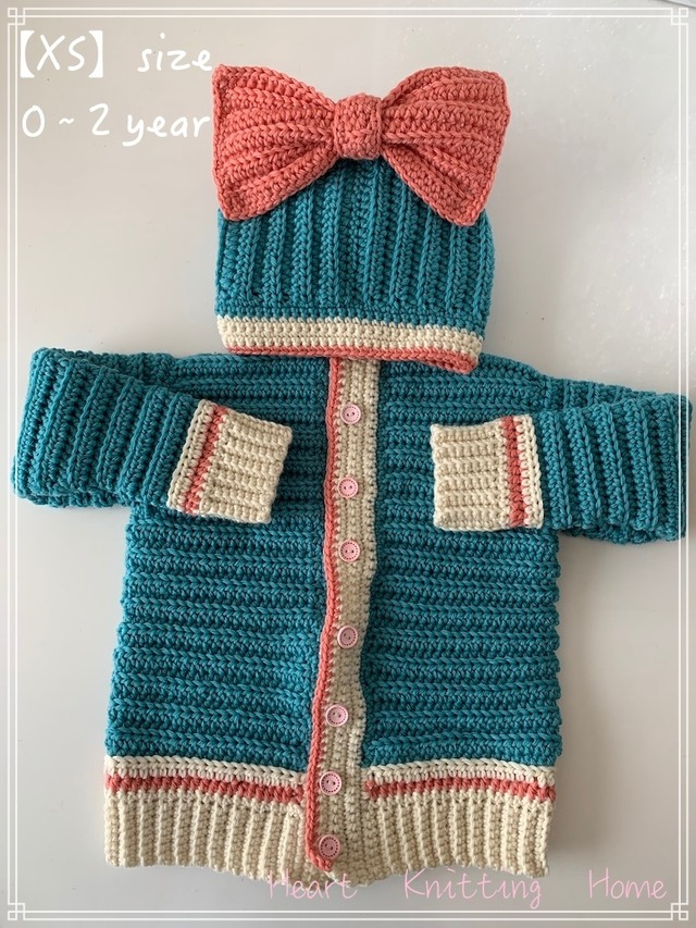 編み図ダウンロード Xsサイズ 0歳 2歳頃まで かぎ針だけで編むキッズカーディガン リボン編み図有り Heart Knitting Home 編み図ダウンロード Xsサイズ 0歳 2歳頃まで かぎ針だけで編むキッズカーディガン リボン編み図有り Heart Knitting Home