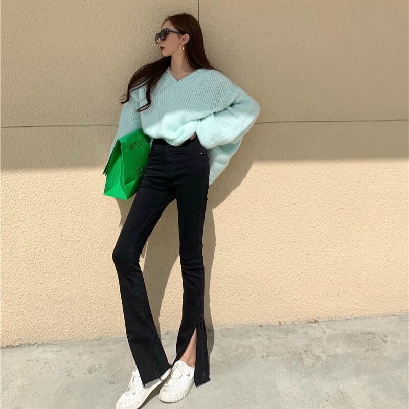 ジーンズ スリムブラックウェストスリットスプリングワイドレッグパンツ 春物 ワイドパンツ ブラックストロベリース52873930100