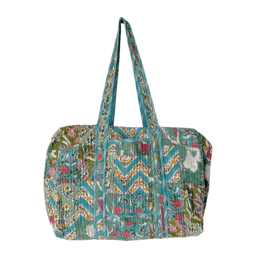 コットンキルトボストンバッグ ブロックプリント パッチワーク ブルー