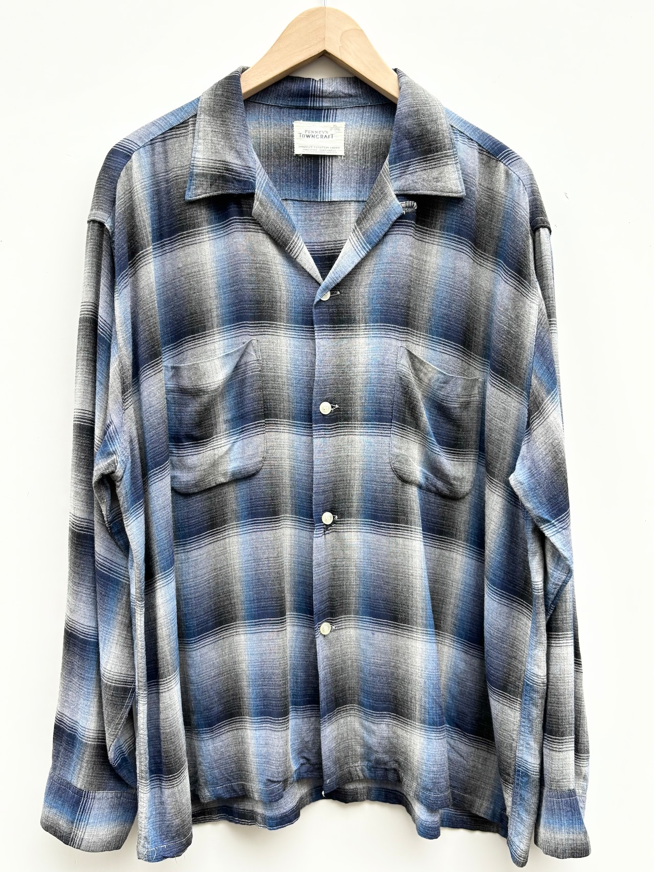 60s TOWN CRAFT "OMBRE CHECK" RAYON OPEN COLLAR SHIRT Size XL