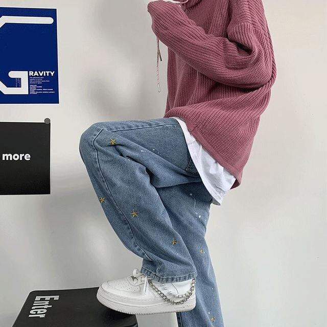 予約販売】デニム ボトムス メンズ スター ストレート 星柄 ジーパン