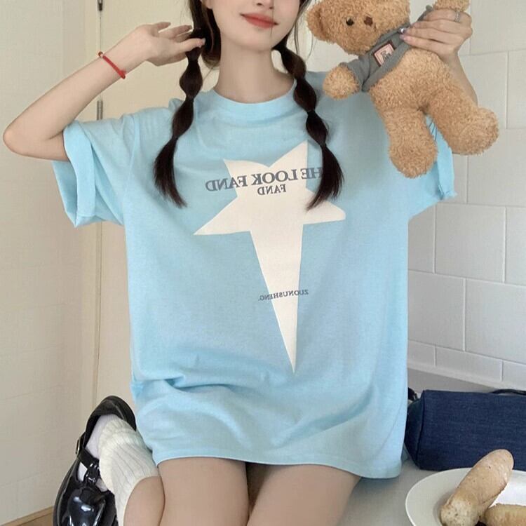 トップス レディース Tシャツ 半袖 シャツ プリントT ラウンドネック ゆったり 大きめ 水色 可愛い おしゃれ ガーリー 夏 カジュアル 韓国