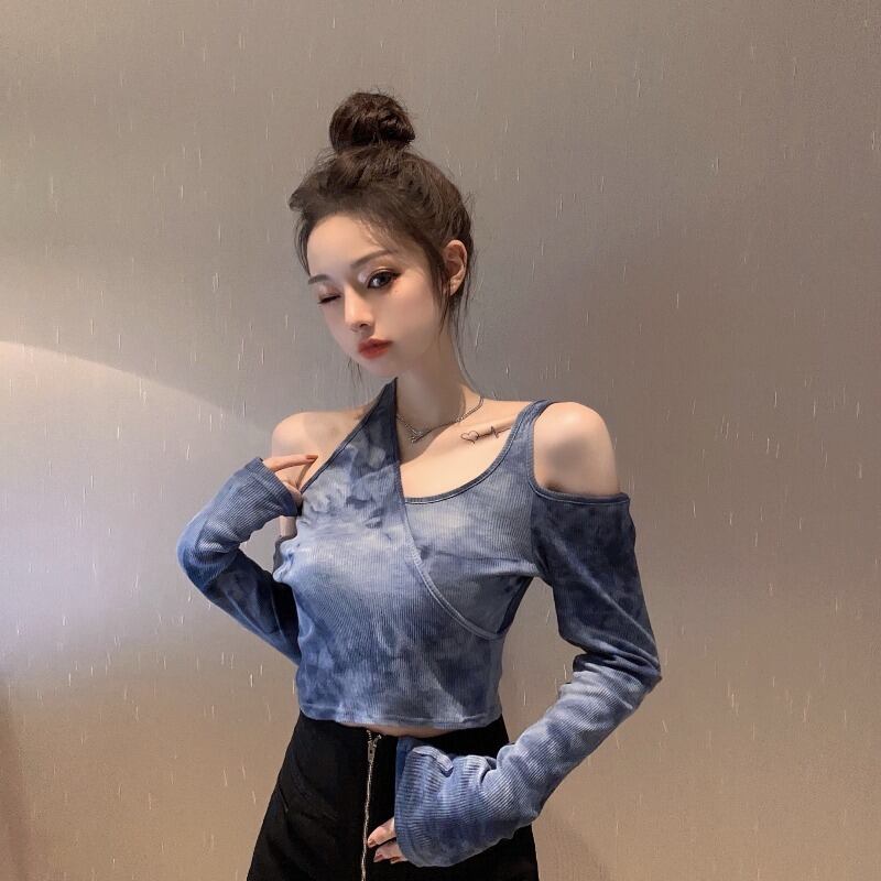 ブルー絞り染めスリムTシャツ女性夏セクシータイトフィットストラップレス長袖2020新しい甘いショートトップトレンド ブラックストロベリース53953053756