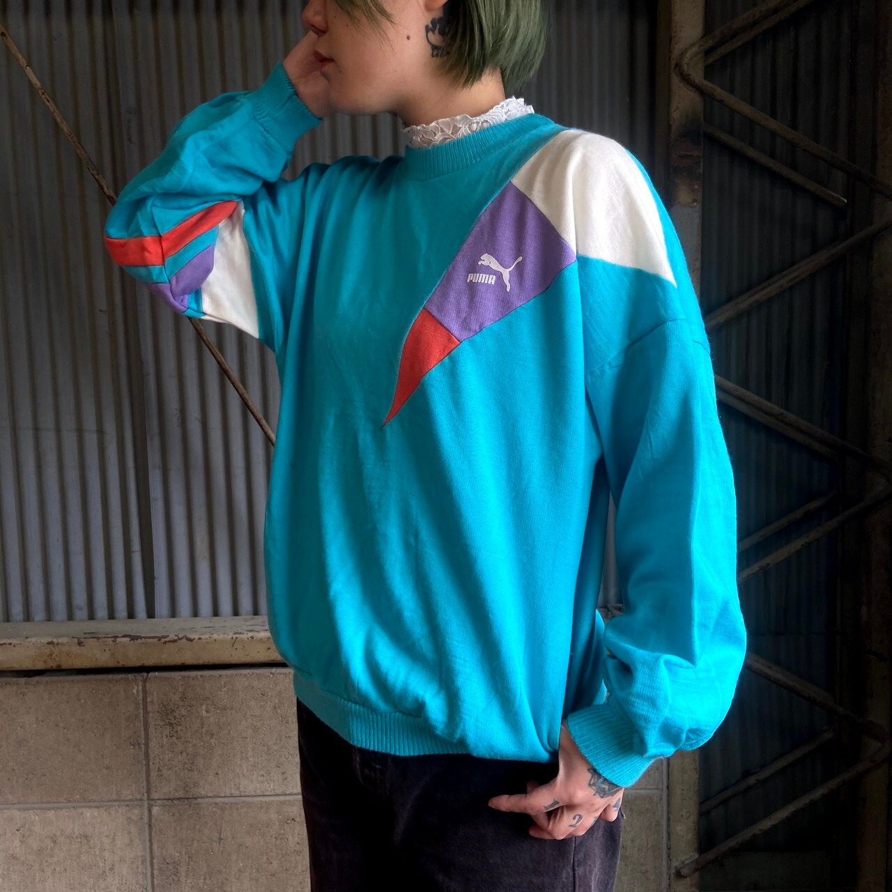 レアデザイン 80年代 puma プーマ ニットスウェットシャツ メンズL相当 