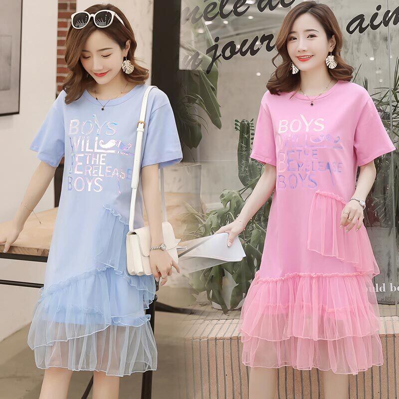 【新作】【送料無料】 母乳育児ドレスサマードレス半袖コットンルーズメッシュパッチワークケーキスカート授乳スカート 夏物 AL expec369897636762