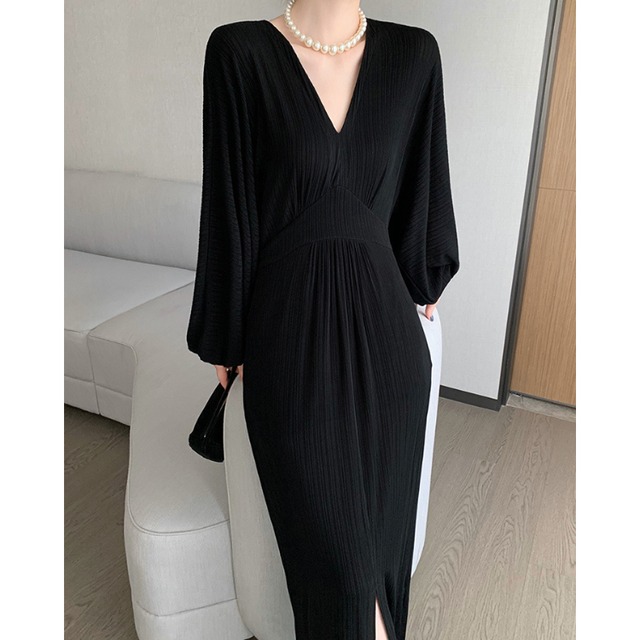 Vネック 長袖 ロング ワンピース　YH9728