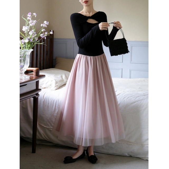 Twist neck tulle docking dress　B814