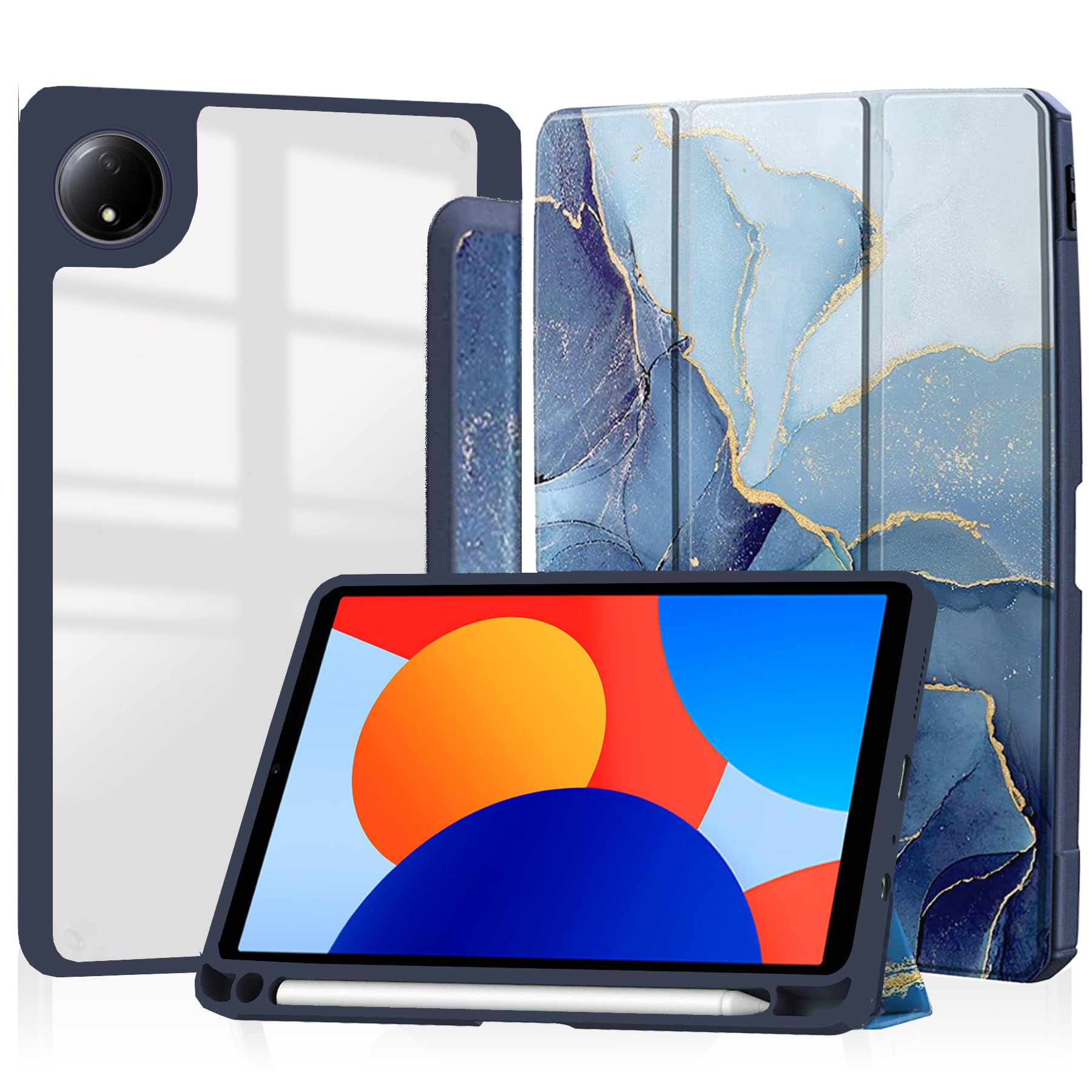 対応Redmi Pad SE ケース 8.7インチ Redmi Pad SE 8.7 4G カバー透明バック【Trocent】Xiaomi Redmi Pad SE タブレット 8.7インチケース ペンホルダー付き マグネット開閉式 オートスリープ機能 背面透明 TPU保護ケース スタンド機能 三つ折 手帳型 軽量 おしゃれ 衝撃吸収(ブルー-A)
