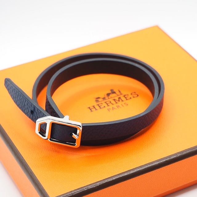 HERMES ドゥブルトゥール レザー ブレスレット ネイビー エルメス