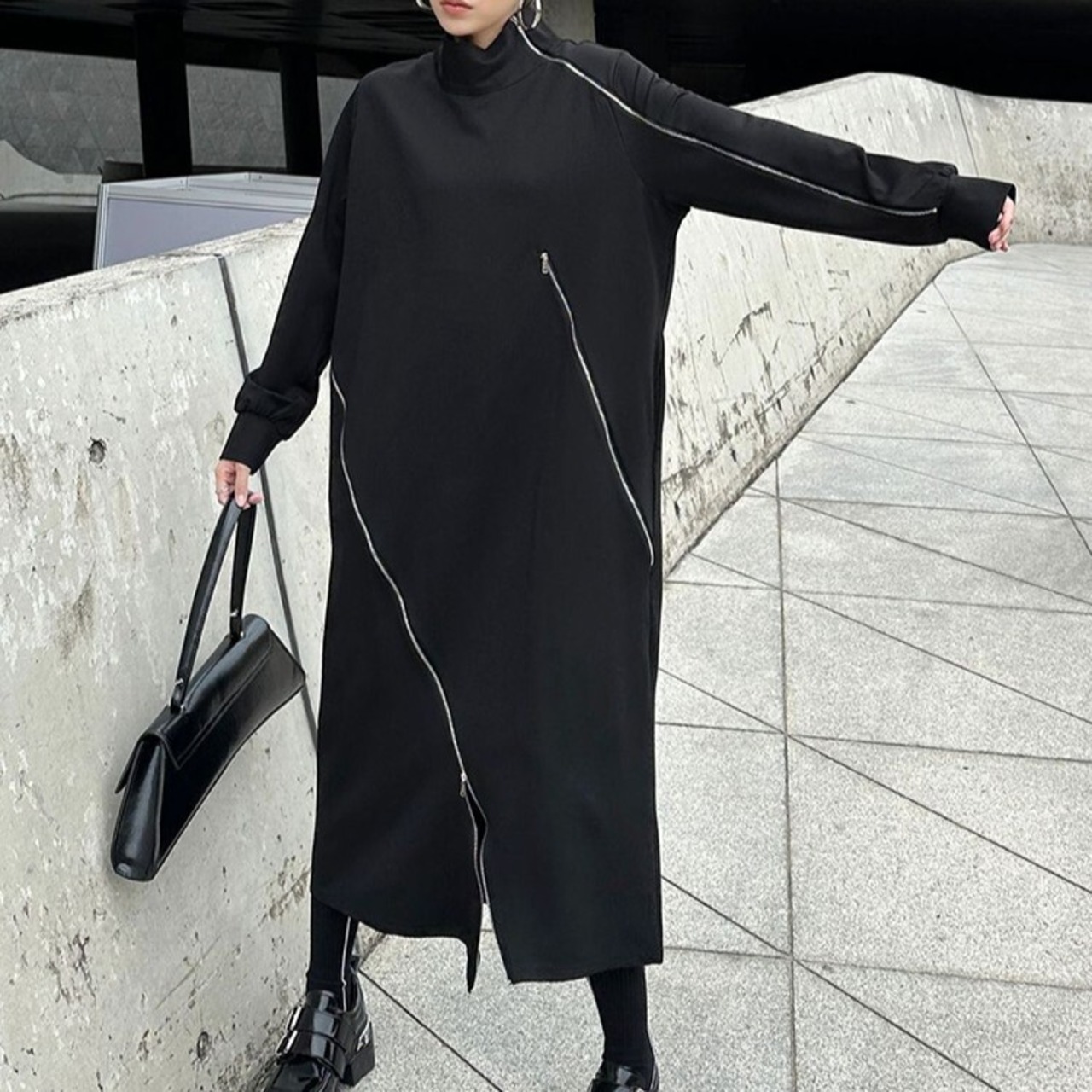 Black Irregular Zipper Dress / ブラック イレギュラー ジッパー ドレス ワンピース