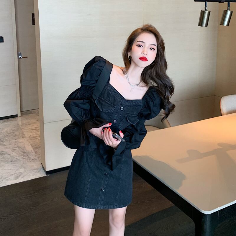 スクエアネックデニムワンピースレディース秋ロングスリーブランタンスリーブAラインショートスカート2020新気性ウエストスカート ブラックストロベリース1838651448