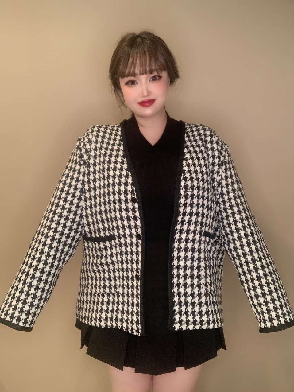 千鳥柄ジャケット 千鳥格子 ブラック 薄手 きれいめ 大人カジュアル エレガント 大きいサイズ 韓国 Ch2148 可愛い大きいサイズ韓国レディースファッション通販 Chulachula チュラチュラ