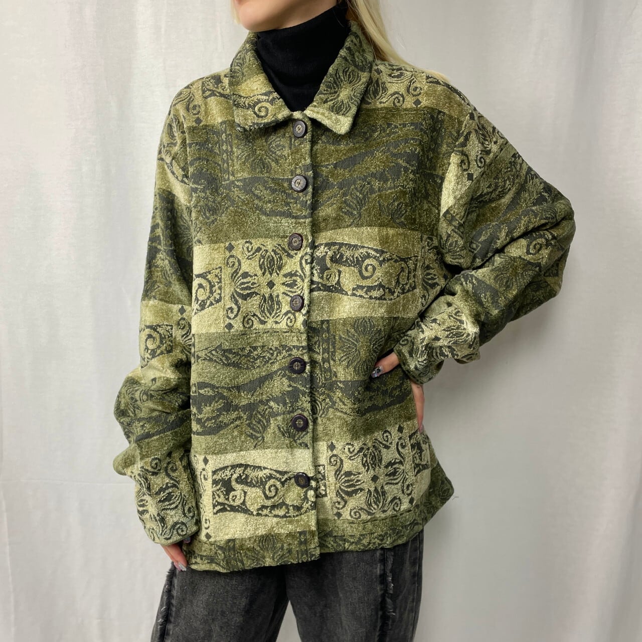 RACHEL BROOKE ゴブランジャケット ベロア 総柄 デザインジャケット レディース2XL メンズL相当 古着 カーキ オリーブグリーン 緑色  【ブルゾン・ジャケット】 | cave 古着屋【公式】古着通販サイト