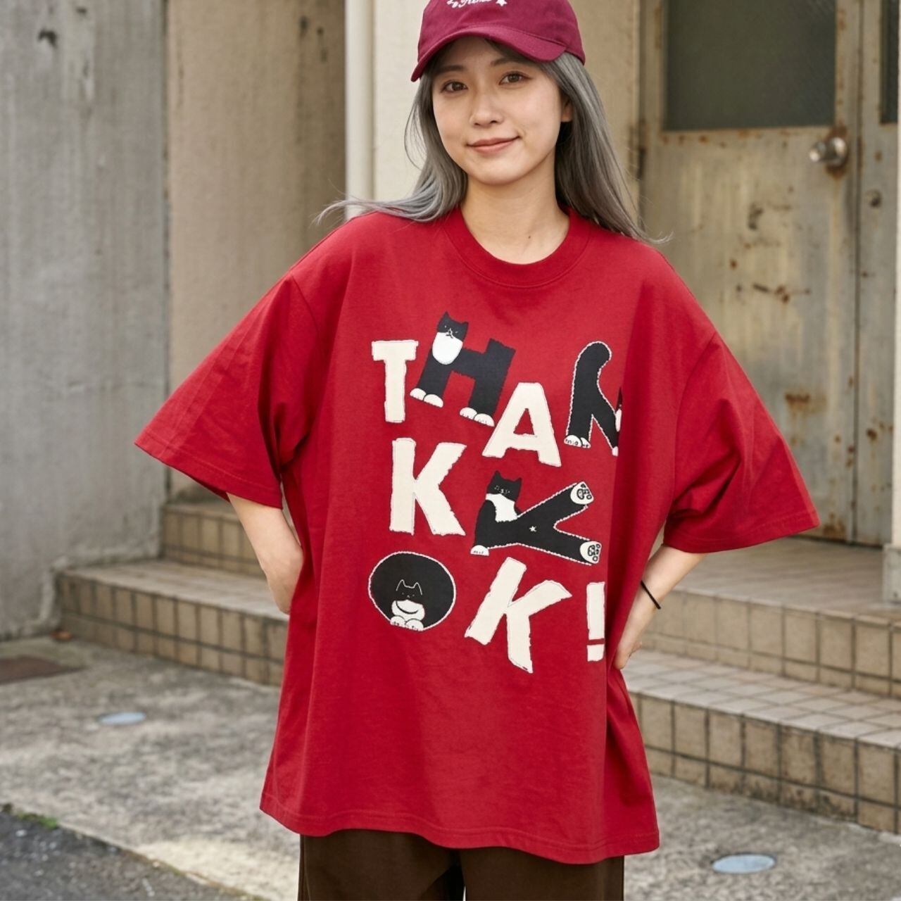 キャットタイポグラフィボリュームシルエットTシャツ 2col R02201