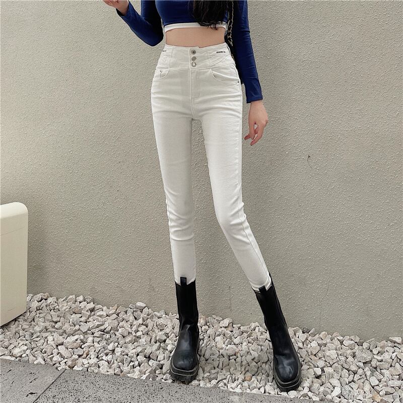ホワイトスキニージーンズ スプリングオータムハイウェストウェストスリムパンツ 春物 秋物 ブラックストロベリース90202583036