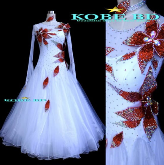 【社交ダンスドレス イージーオーダー】 ホワイト&レッド(白&赤) スタンダードドレス【商品番号AI-9628】ワルツ スロー 競技会