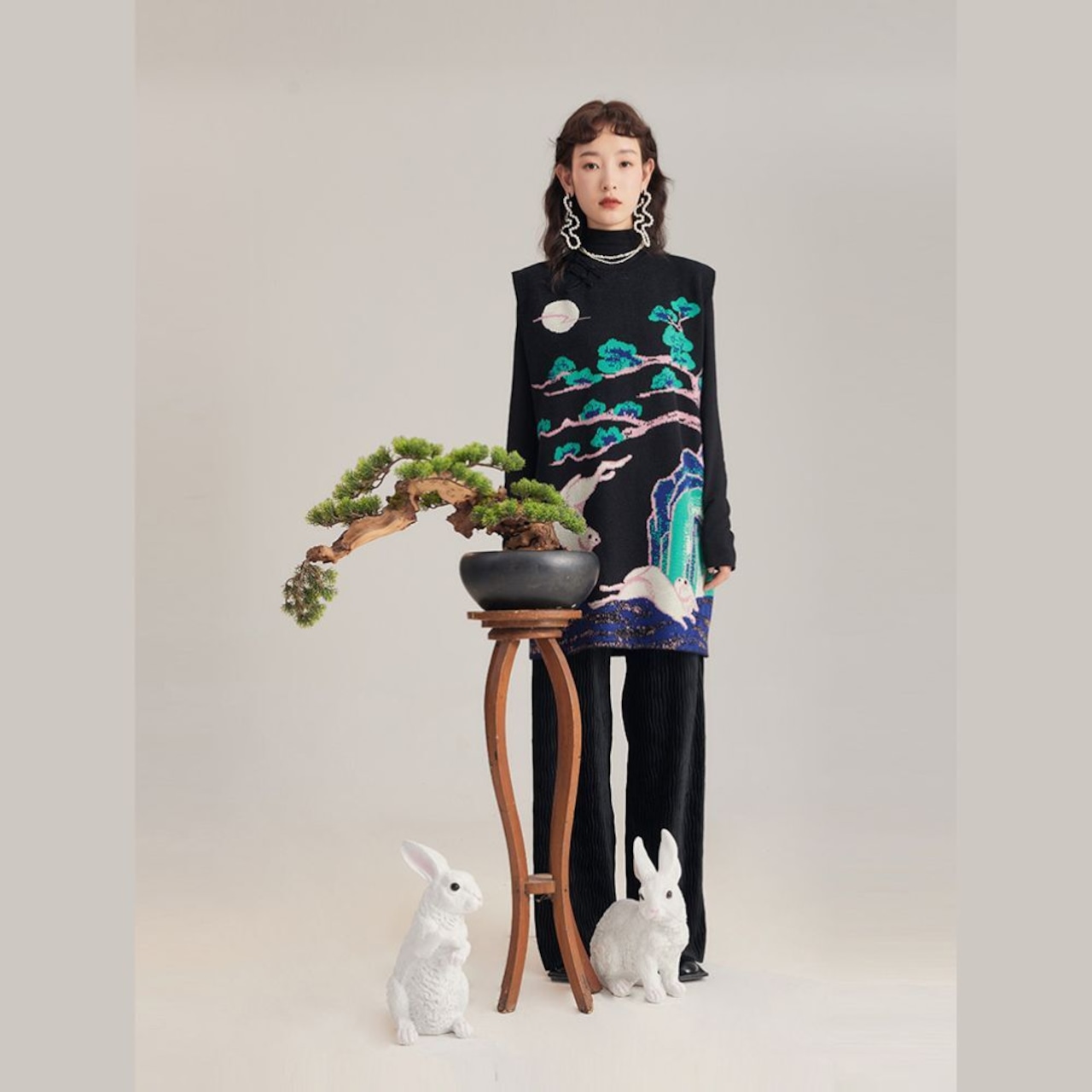 月夜の白うさぎニットトップス E00092