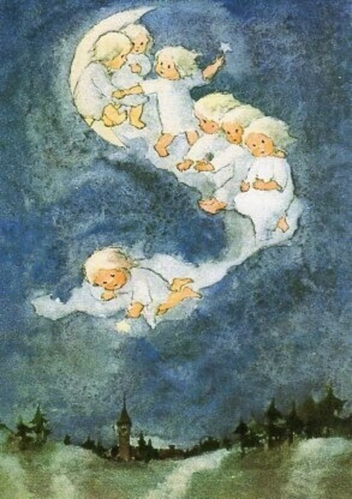 スイス製　『月は金色の星を輝かせながら昇る』　妖精　フェアリーズ　月　ポストカード