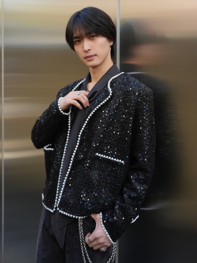 【ALUDE SELECT】pearl no collar lame tweed jacket