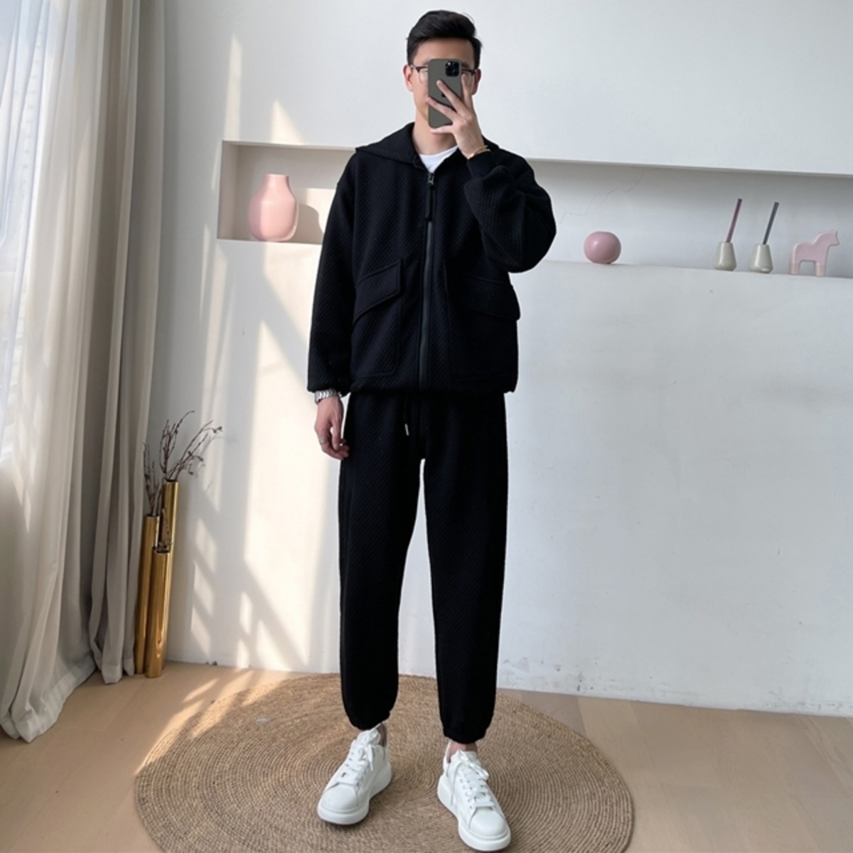 予約販売】メンズ セットアップ 無地 フード ワッフル生地 ブラック 