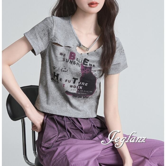 クロップド キャット デザイン ロゴ Tシャツ カットアウト(MC799)β