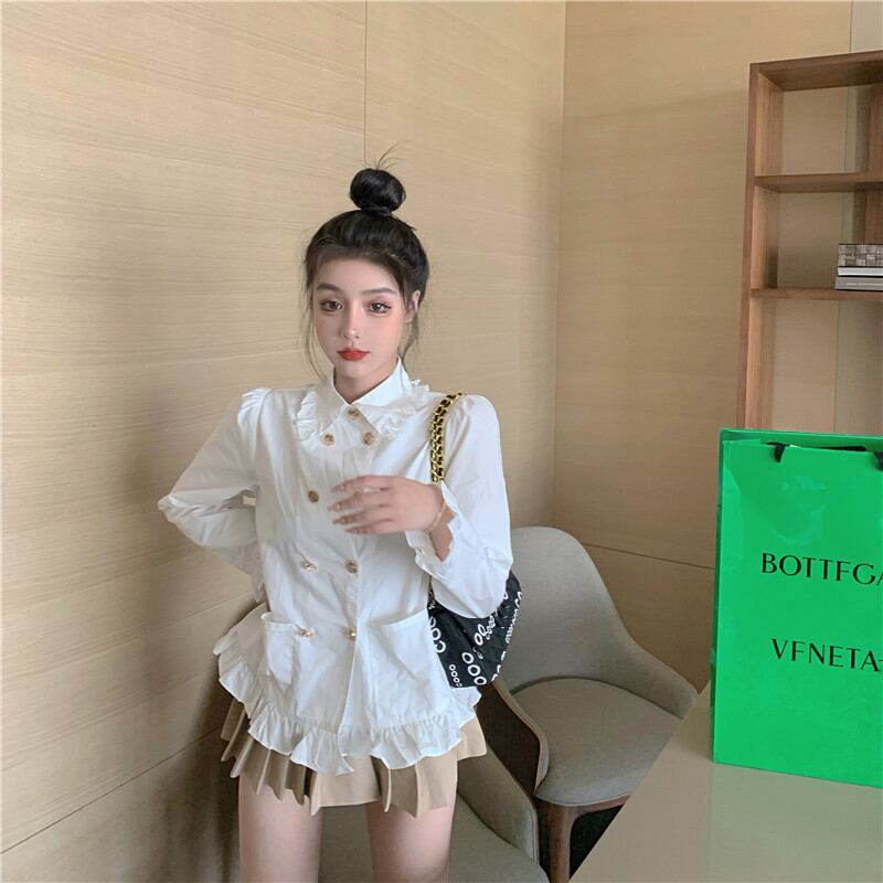 フランスのレトロな宮殿スタイルの白いシャツ女性の秋の長袖パフスリーブシャツジャケットデザインニッチトップ ブラックストロベリース76975665804