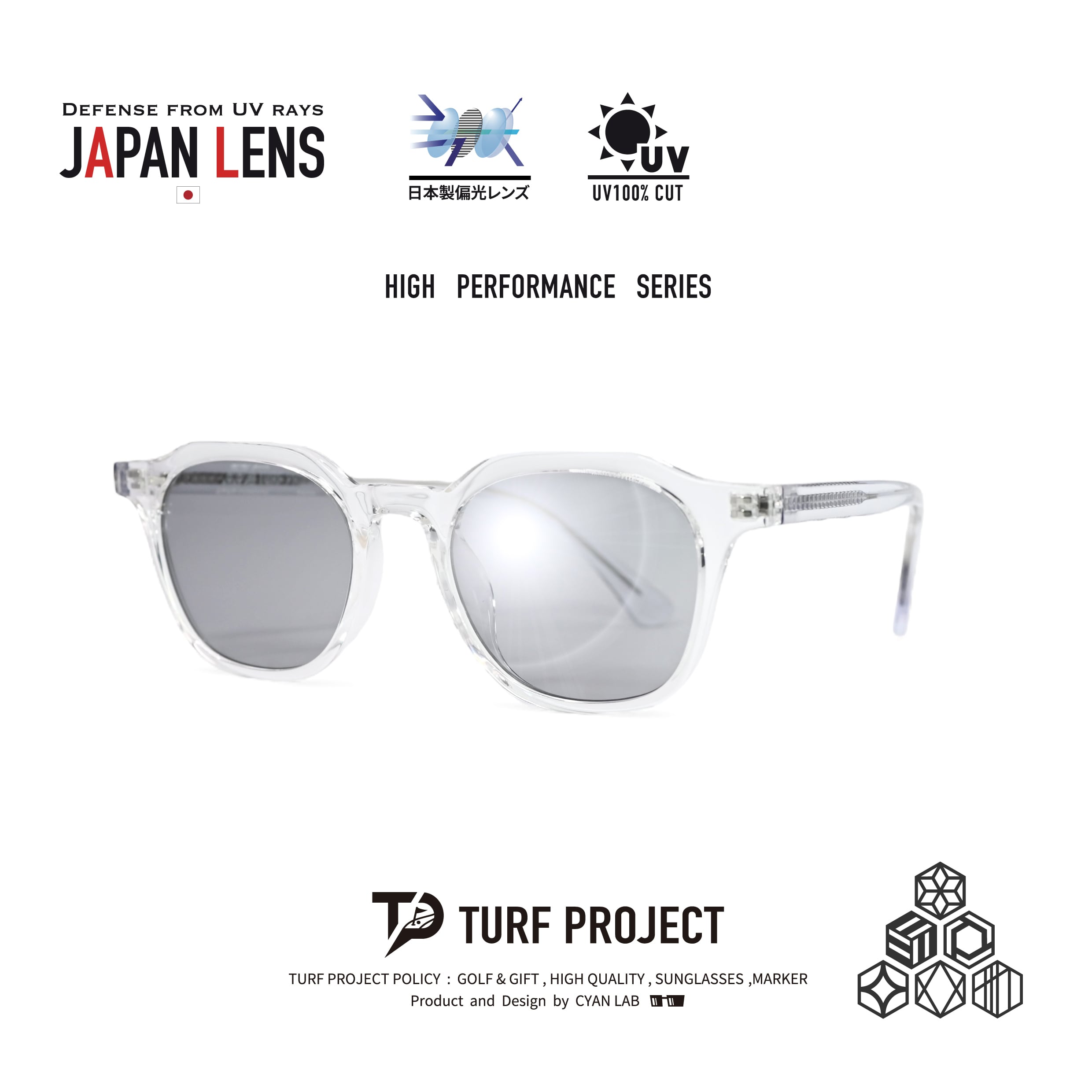 TURF PROJECT偏光サングラス(日本製偏光レンズ搭載)  ［クラウンパント］男女兼用  運を呼ぶ和柄デザイン付き  軽量アジアンフィット  UV100％カット/UV400    ケース付き  ゴルフ/普段使い/アウトドア/サイクリング/ドライブ/運転 / 形：クラウンパント　色：クリアー　レンズ：ライトグレー　/ TPPF-58275-col.4 BK