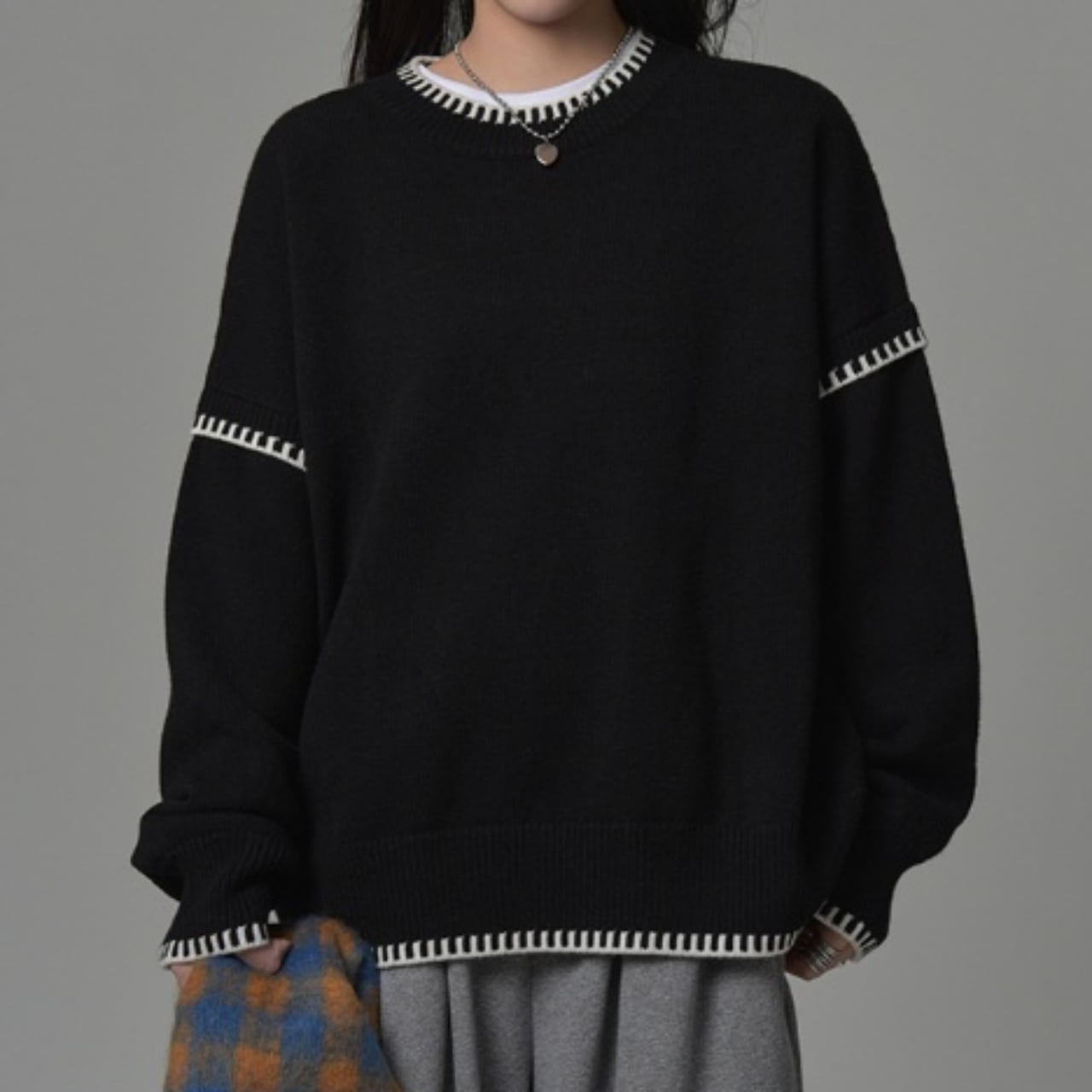 ハンドステッチカラーブロッククドロップショルダーニット A01963