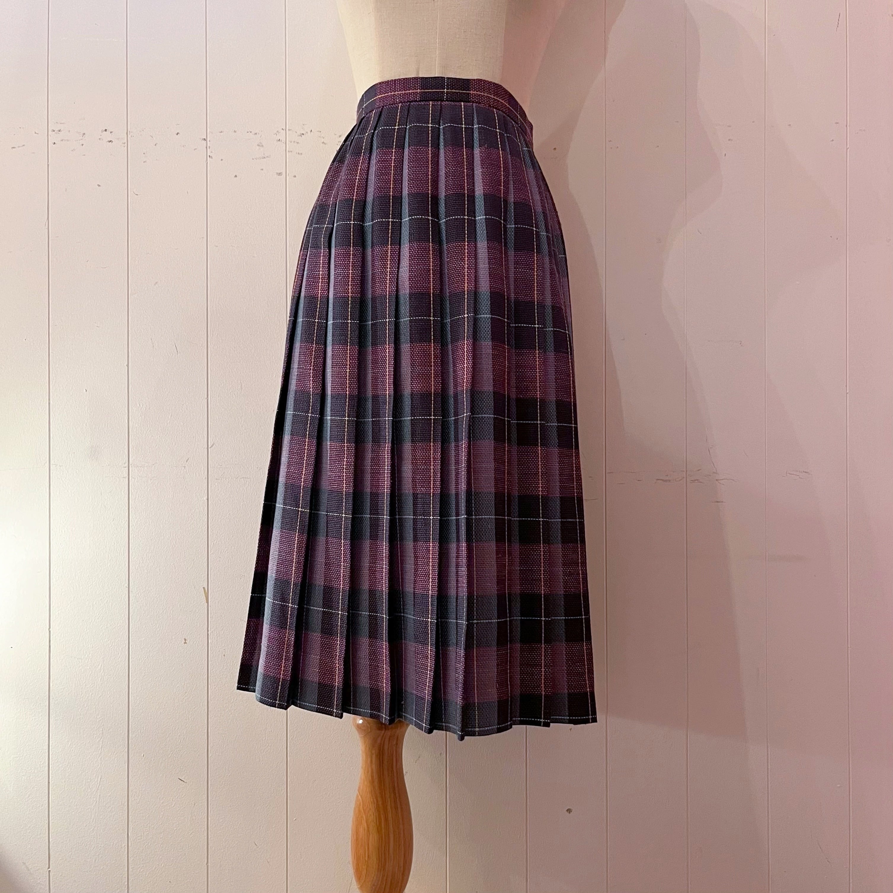 pink green check pleats skirt