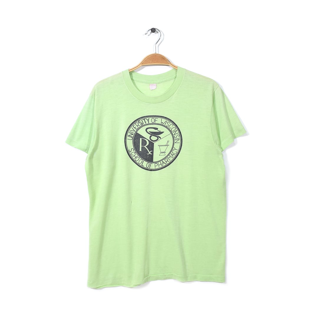70s ウィスコンシン大学 ヴィンテージTシャツ 袖裾シングル 黄緑 