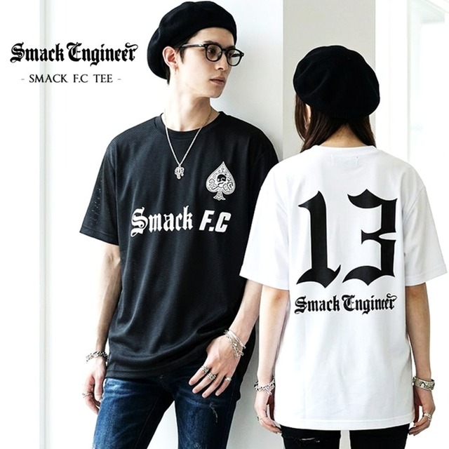 SMACK ENGINEER / スマックエンジニア「Rogia限定 SMACK F.C TEE」半袖ドライTシャツ 速乾 夏 涼しい スポーツウェア サッカー ユニフォーム 2L 3L 4L 大きい 黒白 ブラック ホワイト スペード スカル ドクロ メンズレディース PUNKROCK パンクロック バンド ステージ衣装 Rogia