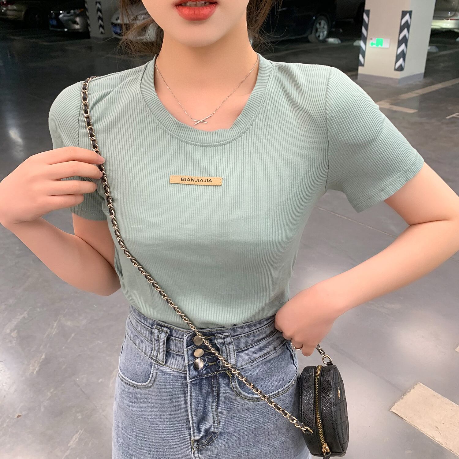 スプリングサマースタンダードスタイルTシャツ トップス ブルー レトロ 春物 夏物 グリーン 6Du_Shop_Women59098591510