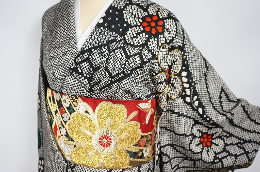 総絞り 帯セット 金駒刺繍 振袖 京鹿の子絞り 正絹 黒 白 赤 緑