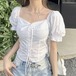 ブラウス スクエアネック パフスリーブ リボン レース ショート丈 トップス 半袖 レトロ 大人可愛い ガーリー a907450501961
