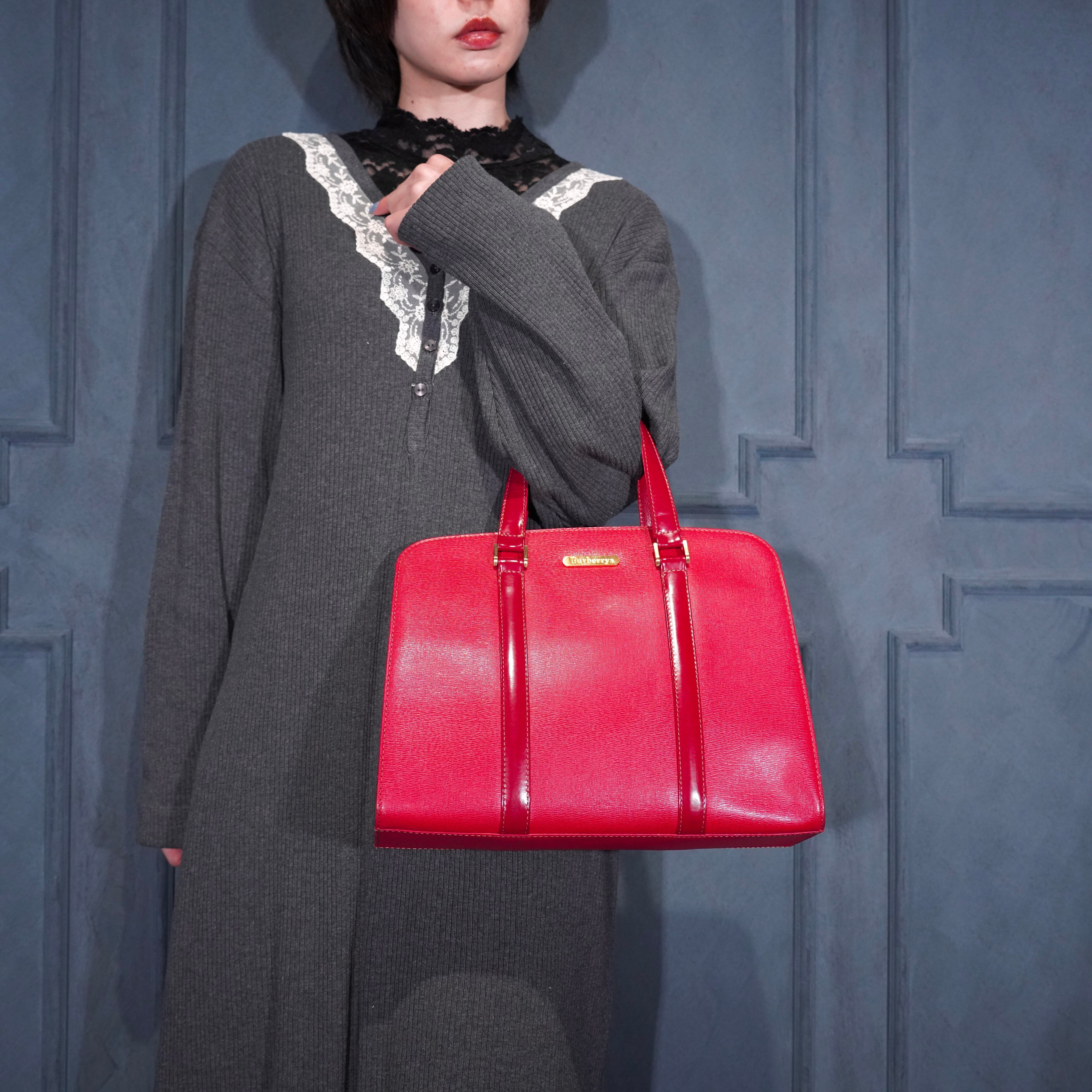 レディース BURBERRY バーバリーズ レザー 筒型 ハンドバッグ レッド